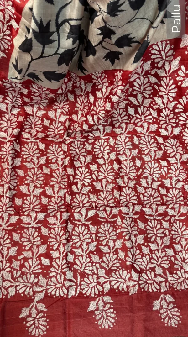 Usha Red Pure Tussar Silk Kantha Embroidered Saree