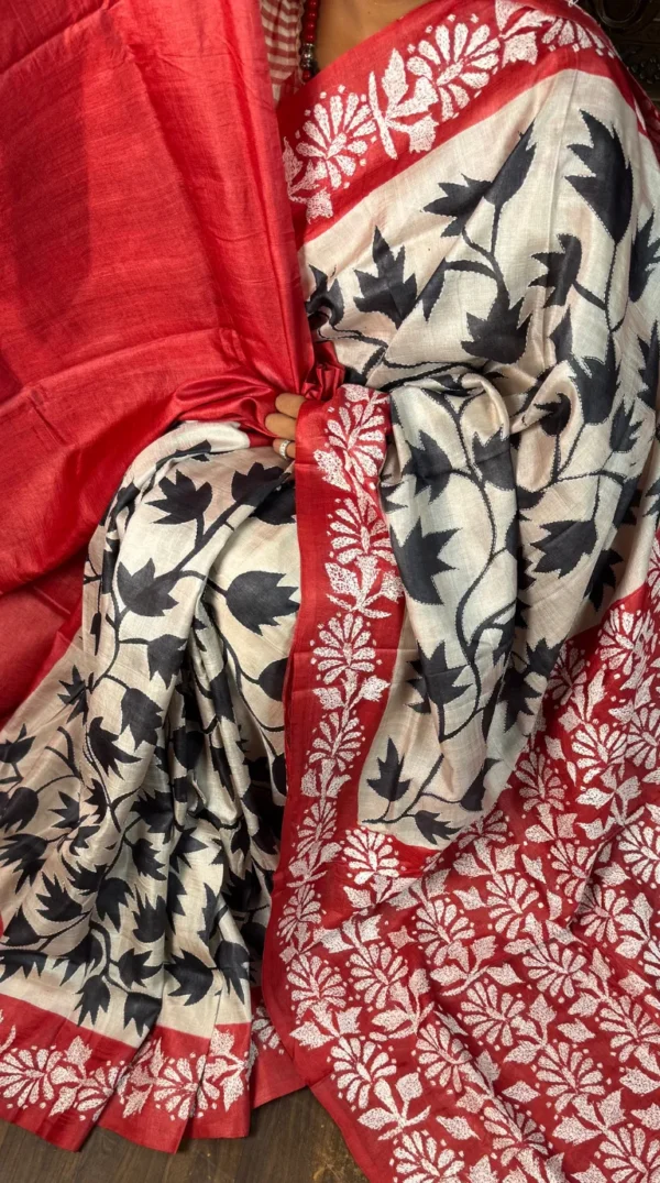 Usha Red Pure Tussar Silk Kantha Embroidered Saree