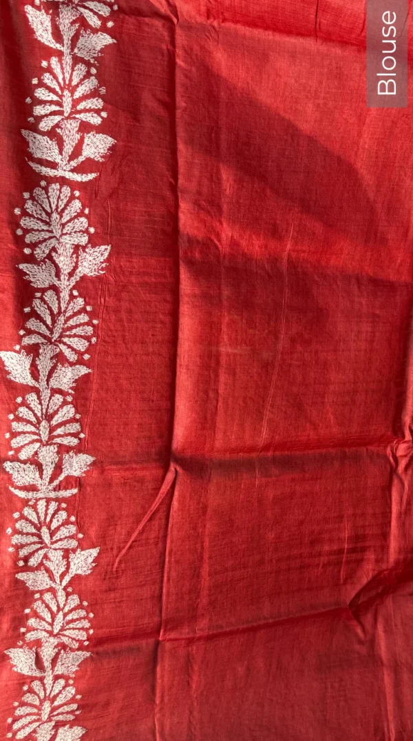 Usha Red Pure Tussar Silk Kantha Embroidered Saree
