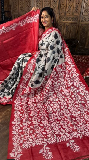 Usha Red Pure Tussar Silk Kantha Embroidered Saree