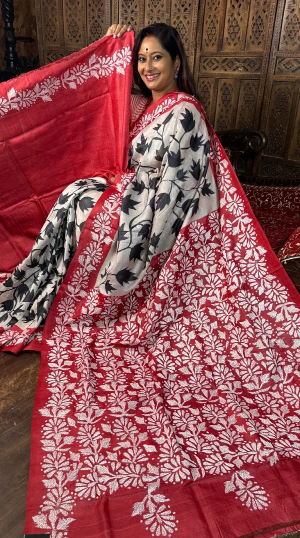 Usha Red Pure Tussar Silk Kantha Embroidered Saree