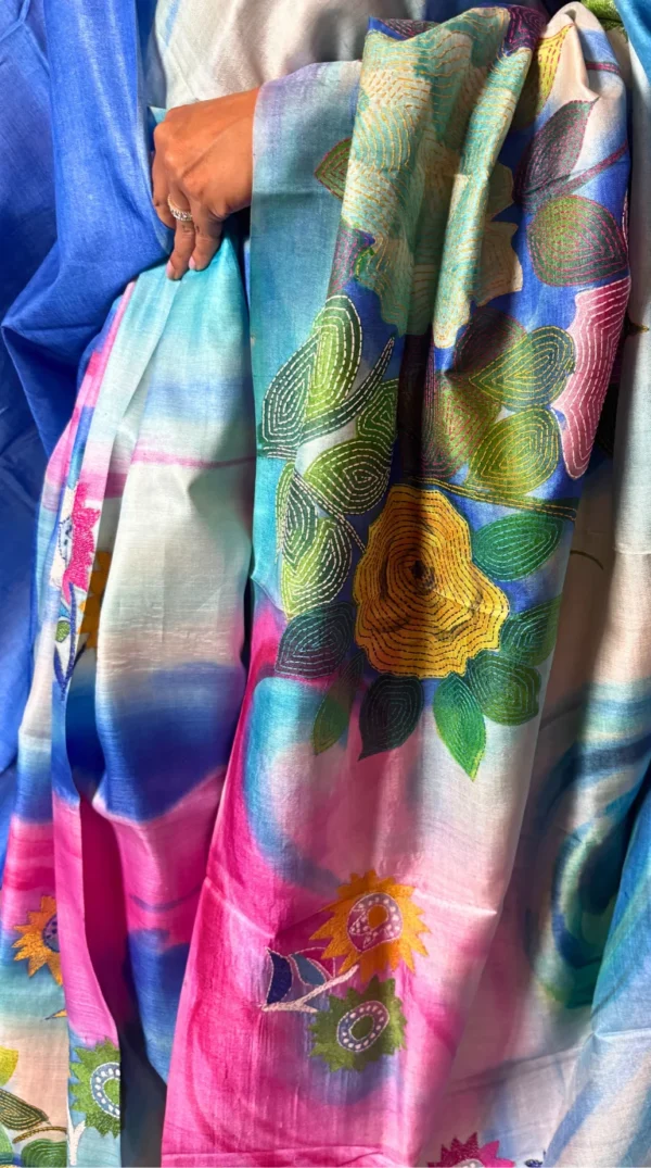 Spring Blossom Pure Tussar Silk Fusion Kantha Embroidered Saree