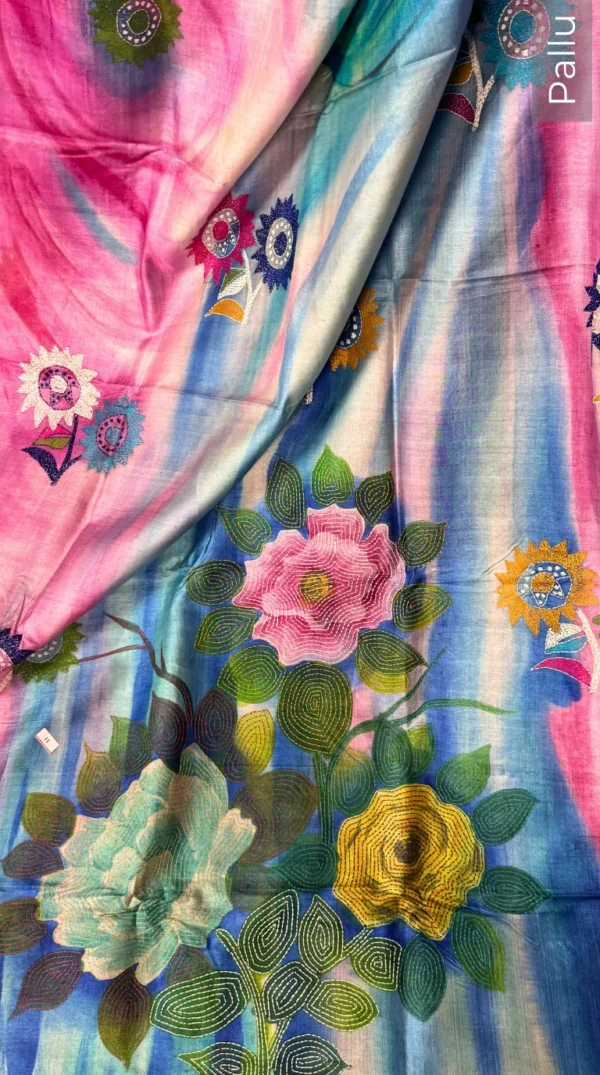 Spring Blossom Pure Tussar Silk Fusion Kantha Embroidered Saree