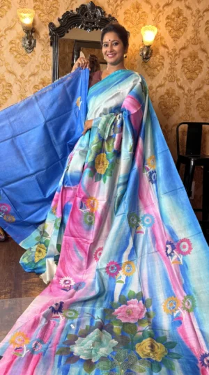 Spring Blossom Pure Tussar Silk Fusion Kantha Embroidered Saree