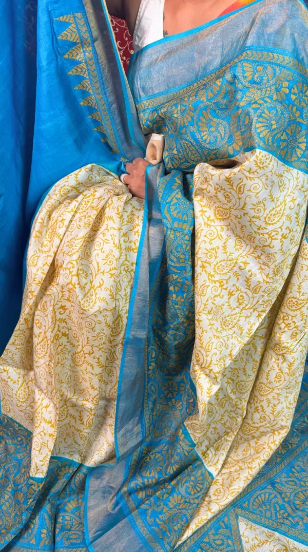 Ocean Blue Pure Tussar Silk Fusion Kantha Embroidered Saree