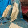 Ocean Blue Pure Tussar Silk Fusion Kantha Embroidered Saree