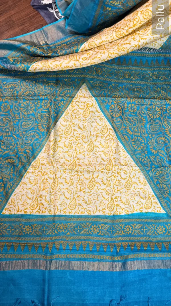 Ocean Blue Pure Tussar Silk Fusion Kantha Embroidered Saree