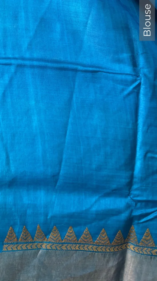 Ocean Blue Pure Tussar Silk Fusion Kantha Embroidered Saree