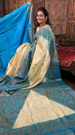 Ocean Blue Pure Tussar Silk Fusion Kantha Embroidered Saree