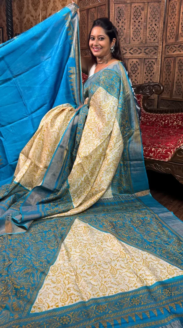 Ocean Blue Pure Tussar Silk Fusion Kantha Embroidered Saree