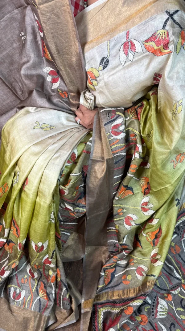 Kalmi Olive Pure Tussar Silk Kantha Embroidered Saree
