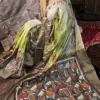 Kalmi Olive Pure Tussar Silk Kantha Embroidered Saree