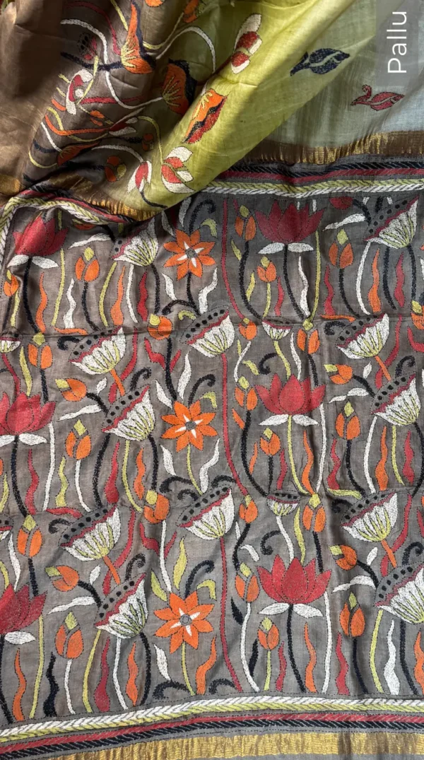 Kalmi Olive Pure Tussar Silk Kantha Embroidered Saree