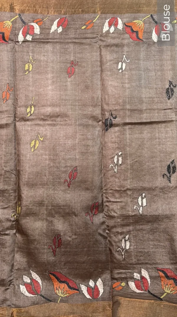 Kalmi Olive Pure Tussar Silk Kantha Embroidered Saree