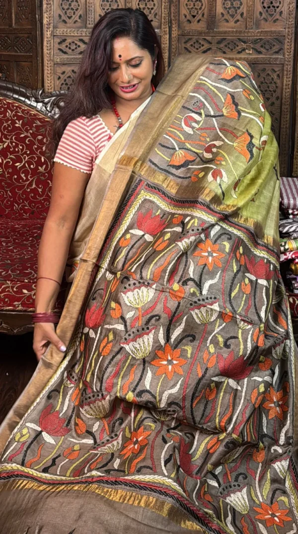 Kalmi Olive Pure Tussar Silk Kantha Embroidered Saree