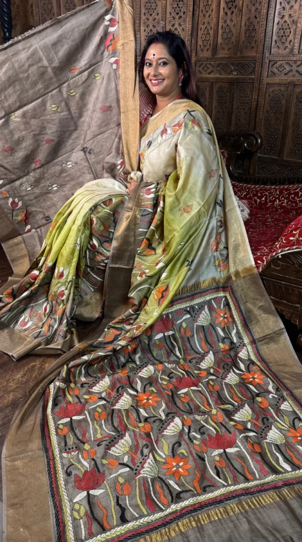 Kalmi Olive Pure Tussar Silk Kantha Embroidered Saree
