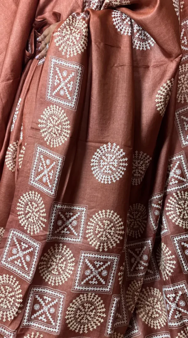 Abstract Brown Pure Tussar Silk Gujrati Embroidered Saree