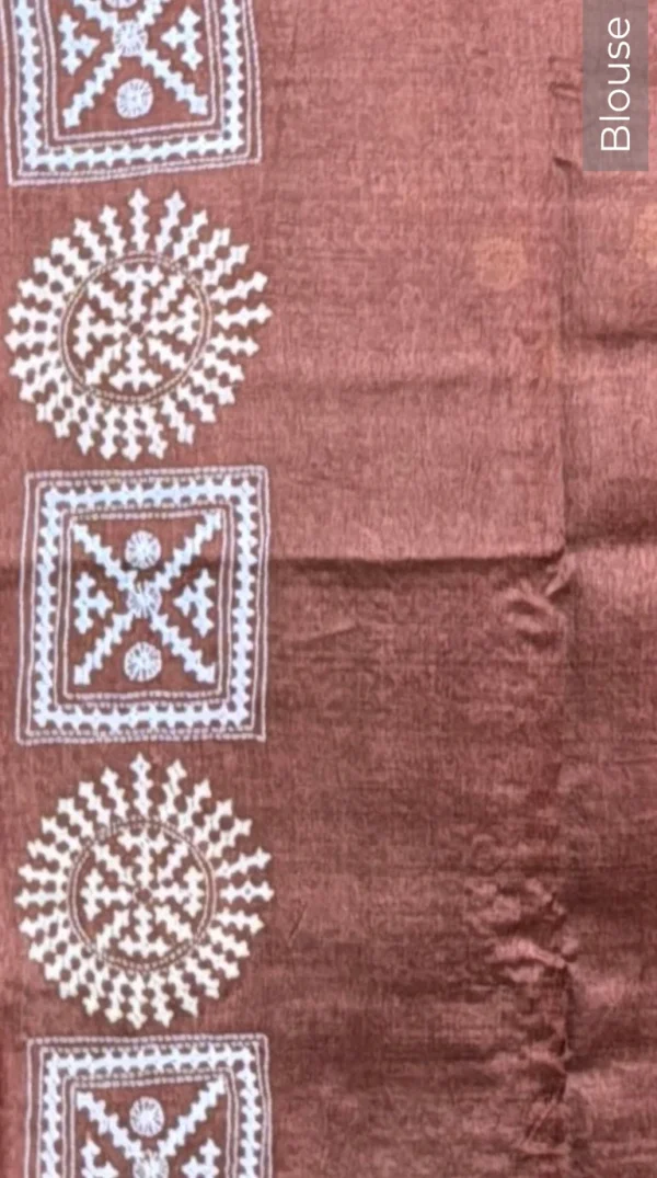 Abstract Brown Pure Tussar Silk Gujrati Embroidered Saree