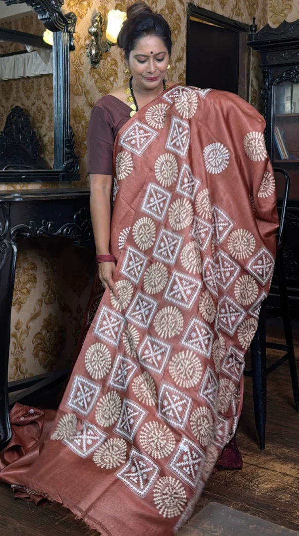 Abstract Brown Pure Tussar Silk Gujrati Embroidered Saree