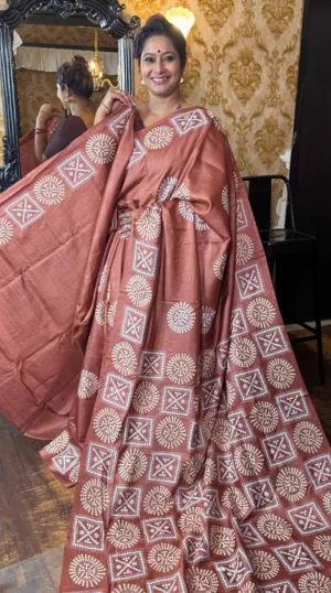 Abstract Brown Pure Tussar Silk Gujrati Embroidered Saree