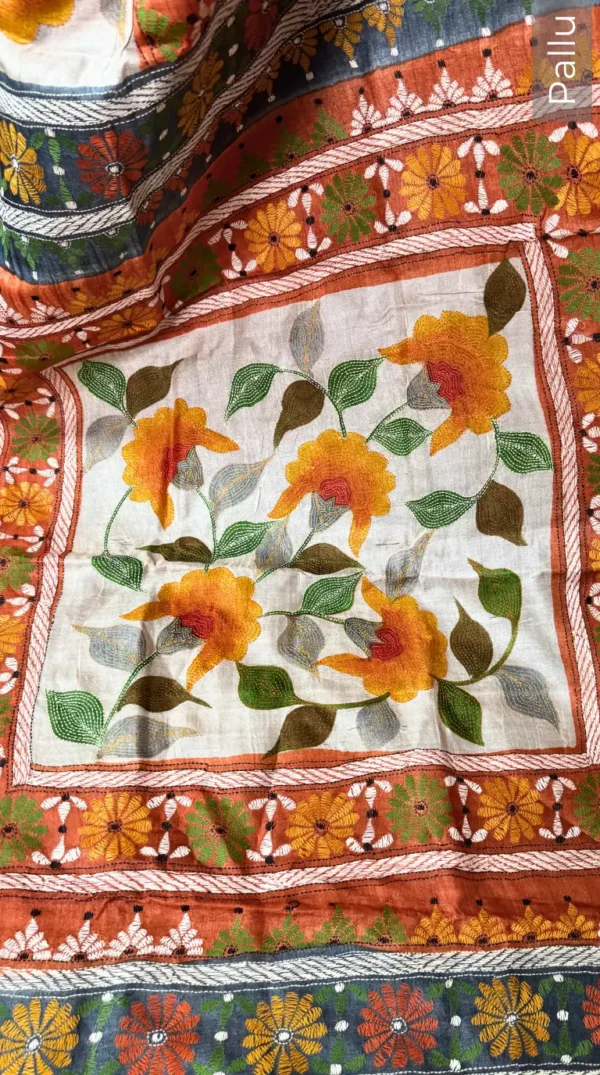 Orange Blossom Pure Tussar Silk Fusion Kantha Embroidered Saree