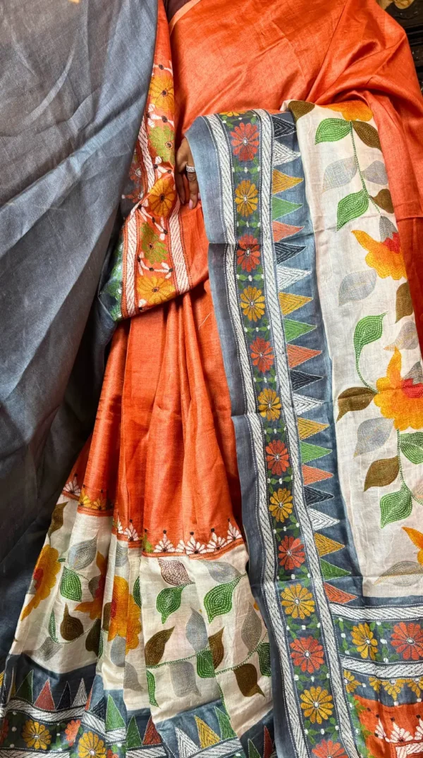 Orange Blossom Pure Tussar Silk Fusion Kantha Embroidered Saree