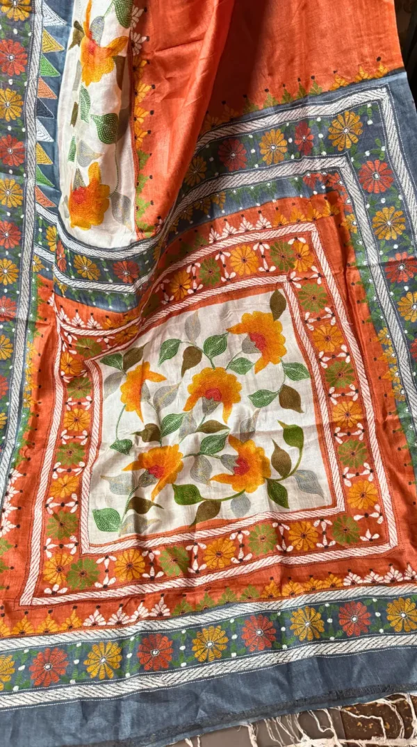 Orange Blossom Pure Tussar Silk Fusion Kantha Embroidered Saree