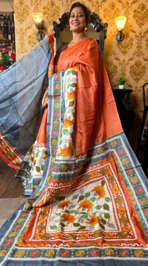 Orange Blossom Pure Tussar Silk Fusion Kantha Embroidered Saree
