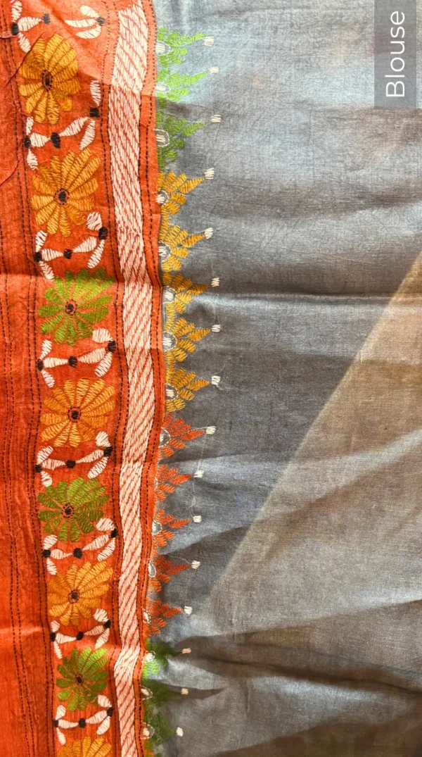 Orange Blossom Pure Tussar Silk Fusion Kantha Embroidered Saree