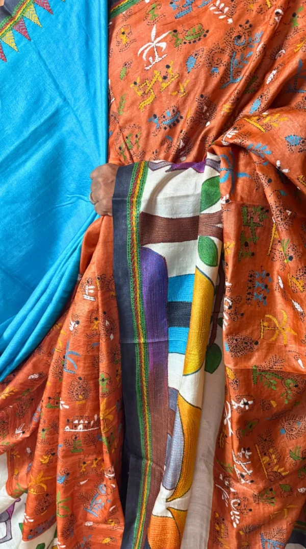 Rustic Fusion Pure Tussar Silk Abstract Kantha Embroidered Saree