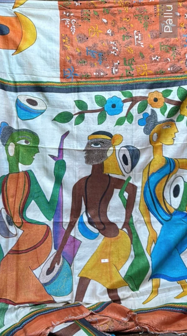 Rustic Fusion Pure Tussar Silk Abstract Kantha Embroidered Saree