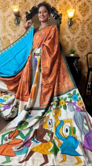Rustic Fusion Pure Tussar Silk Abstract Kantha Embroidered Saree