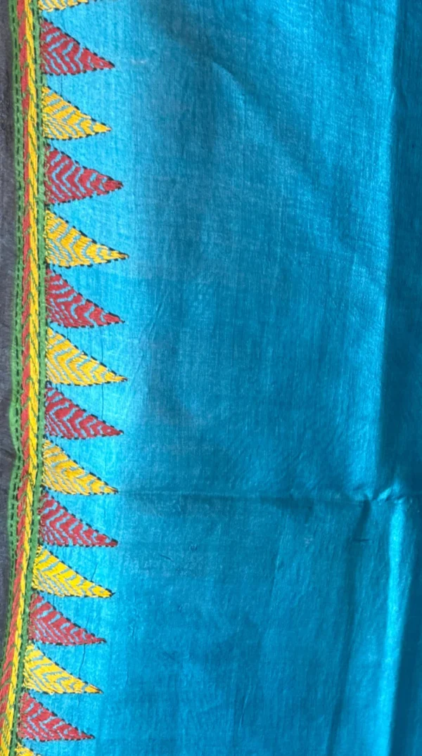 Rustic Fusion Pure Tussar Silk Abstract Kantha Embroidered Saree