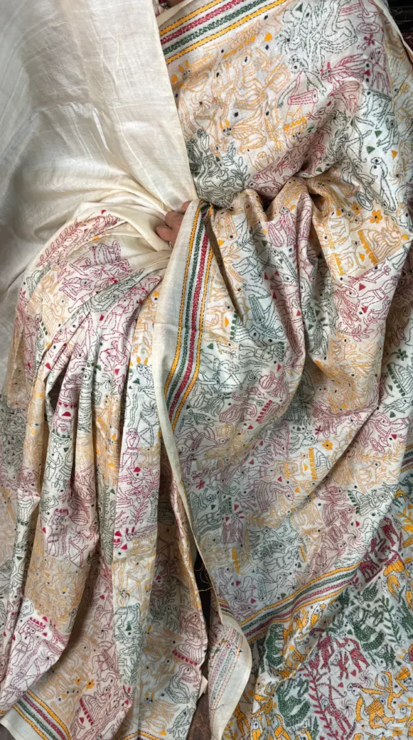 Utsavi Beige Pure Tussar Silk Kantha Embroidered Saree