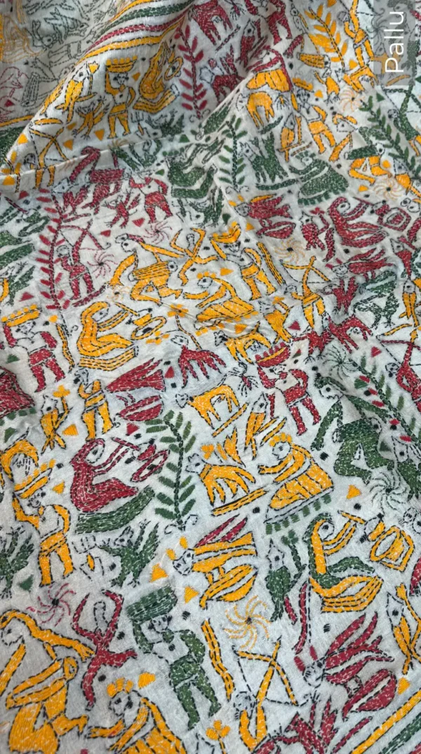 Utsavi Beige Pure Tussar Silk Kantha Embroidered Saree