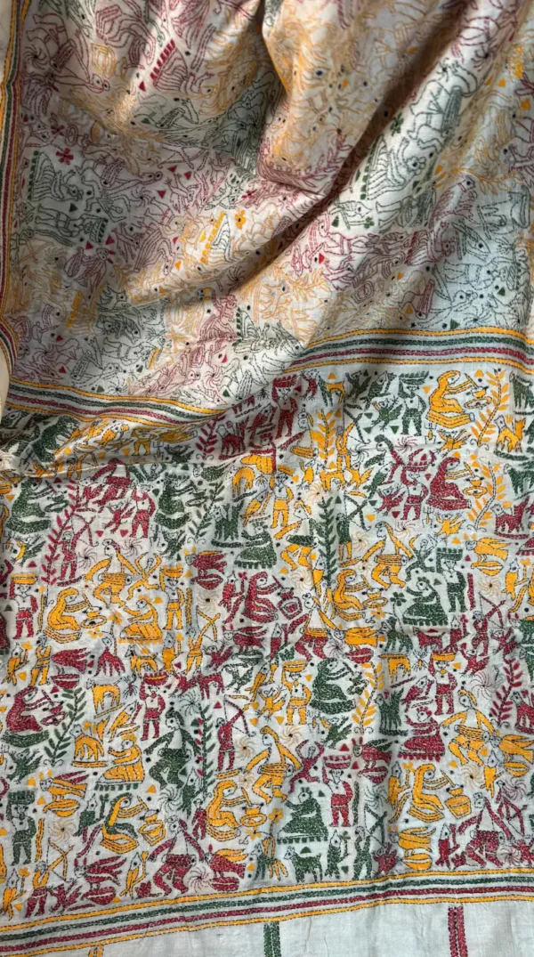 Utsavi Beige Pure Tussar Silk Kantha Embroidered Saree