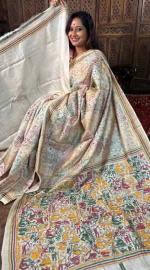 Utsavi Beige Pure Tussar Silk Kantha Embroidered Saree