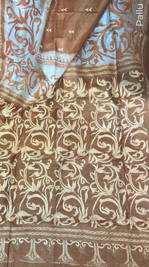 Soft Brown Pure Tussar Silk Kantha Embroidered Saree