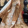 Soft Brown Pure Tussar Silk Kantha Embroidered Saree