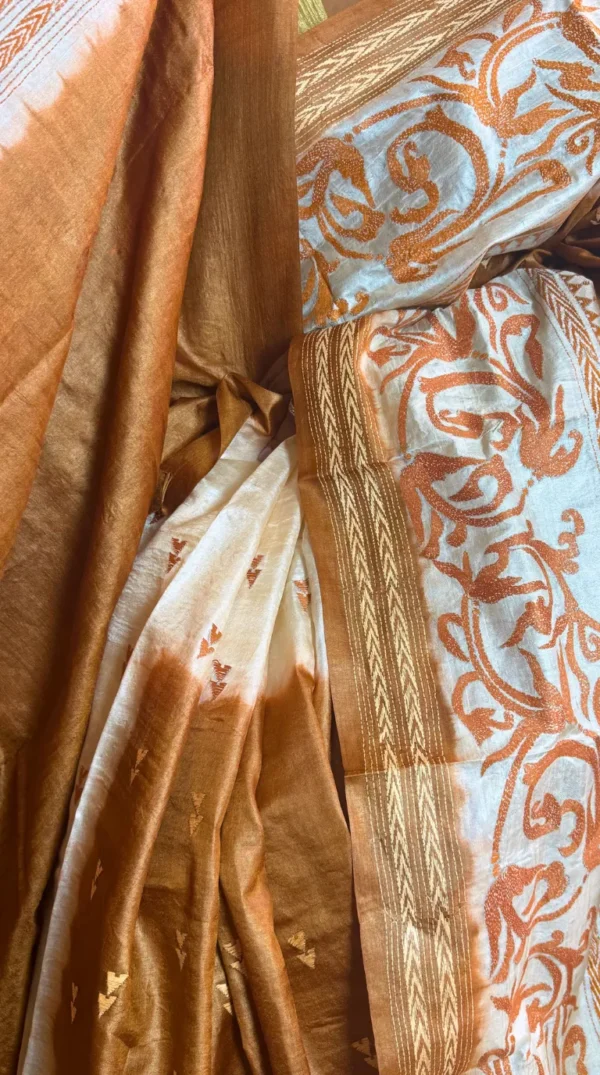 Soft Brown Pure Tussar Silk Kantha Embroidered Saree