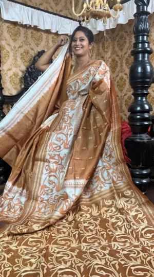 Soft Brown Pure Tussar Silk Kantha Embroidered Saree