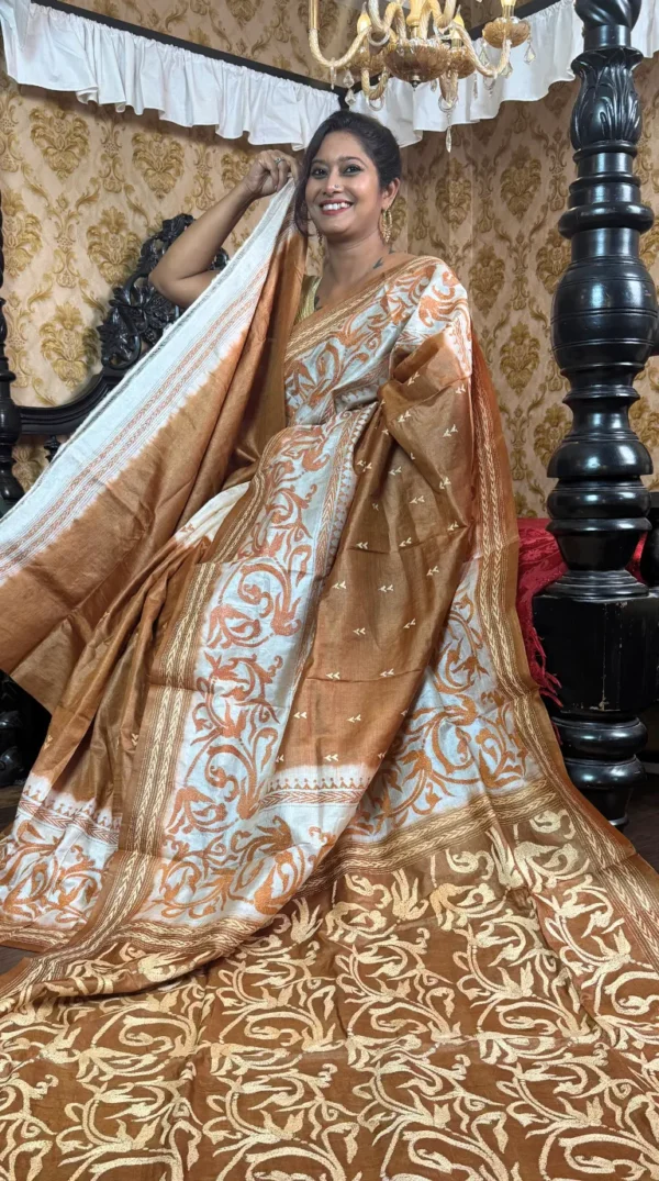 Soft Brown Pure Tussar Silk Kantha Embroidered Saree