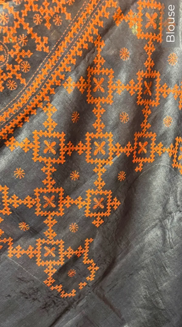 Festive Blue Pure Tussar Silk Fusion Kantha & Gujrati Embroidered Saree