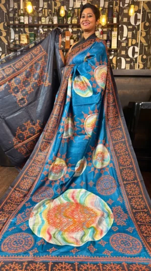 Festive Blue Pure Tussar Silk Fusion Kantha & Gujrati Embroidered Saree