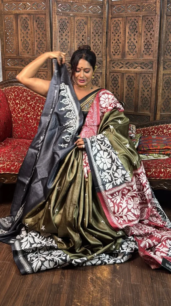 Aasna Green Pure Tussar Silk Kantha Embroidered Saree