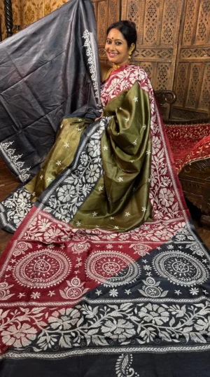 Aasna Green Pure Tussar Silk Kantha Embroidered Saree