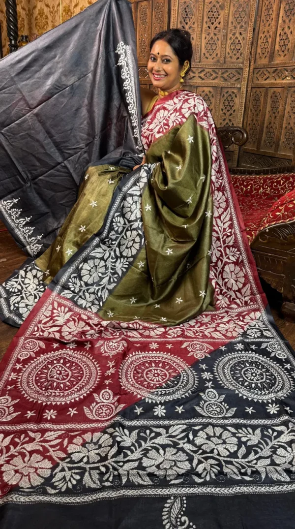 Aasna Green Pure Tussar Silk Kantha Embroidered Saree