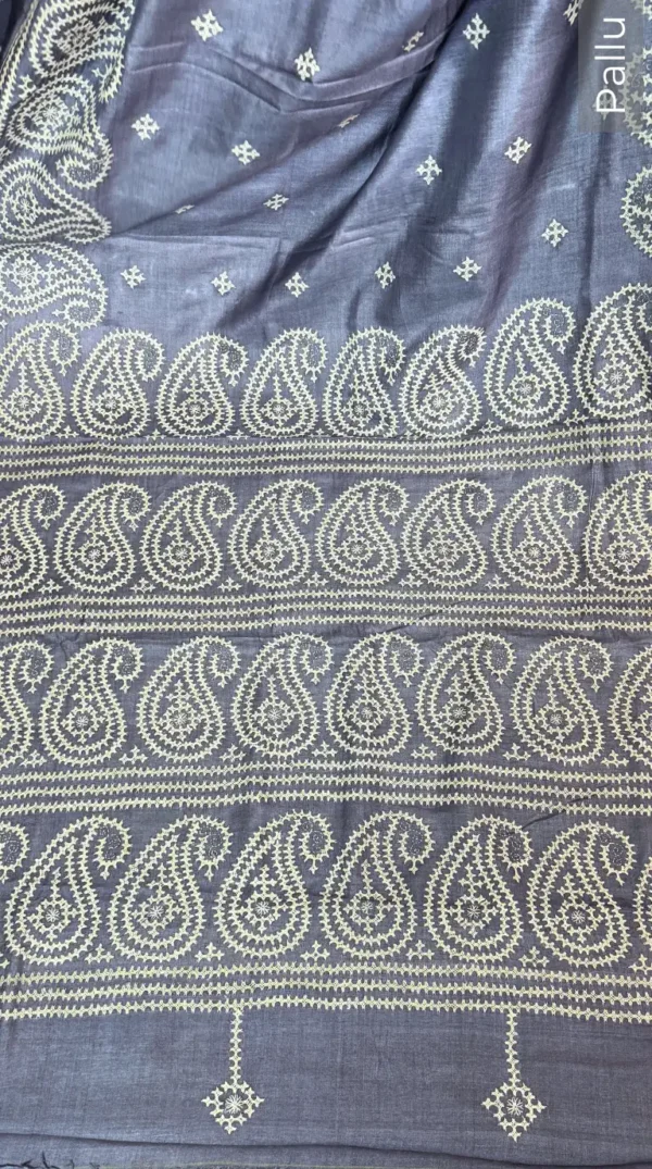 Elegant Grey Pure Tussar Silk Gujrati Embroidered Saree