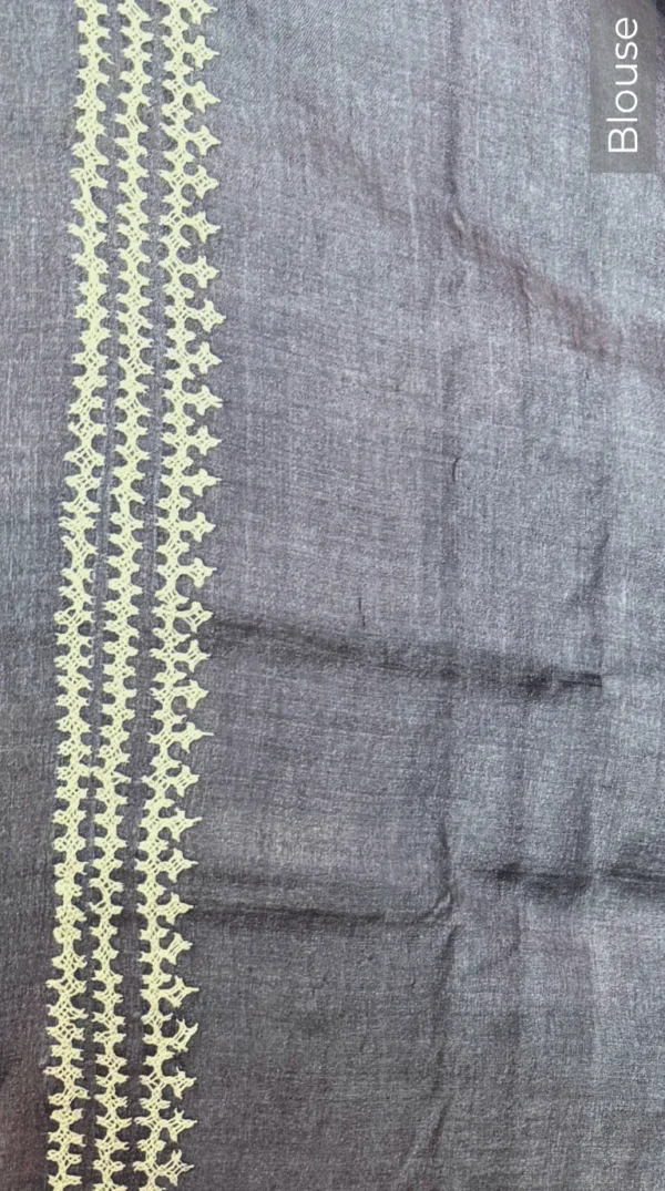 Elegant Grey Pure Tussar Silk Gujrati Embroidered Saree