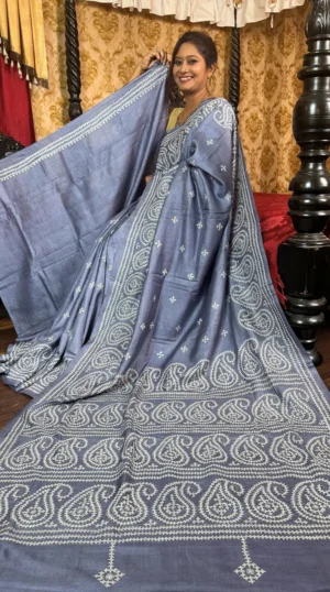 Elegant Grey Pure Tussar Silk Gujrati Embroidered Saree